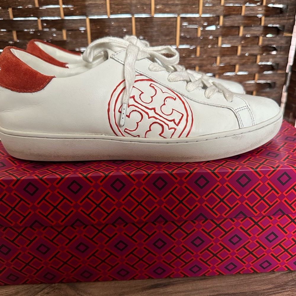 Tory Burch sneakers size 8M. Burned orange in color and white